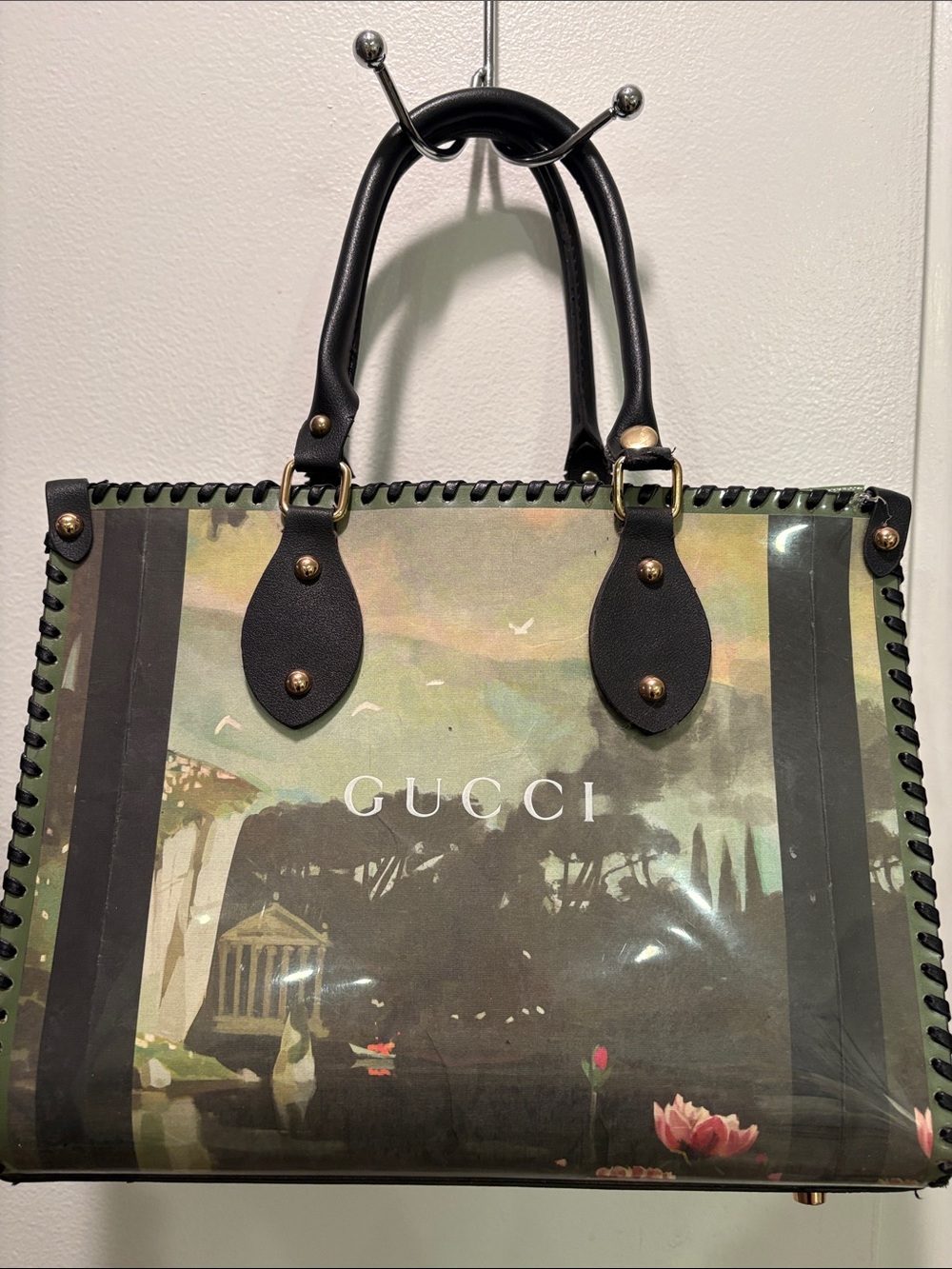Fashion Green Multi Garden Print Leather Satchel. Upcycled - Picture 7 of 8